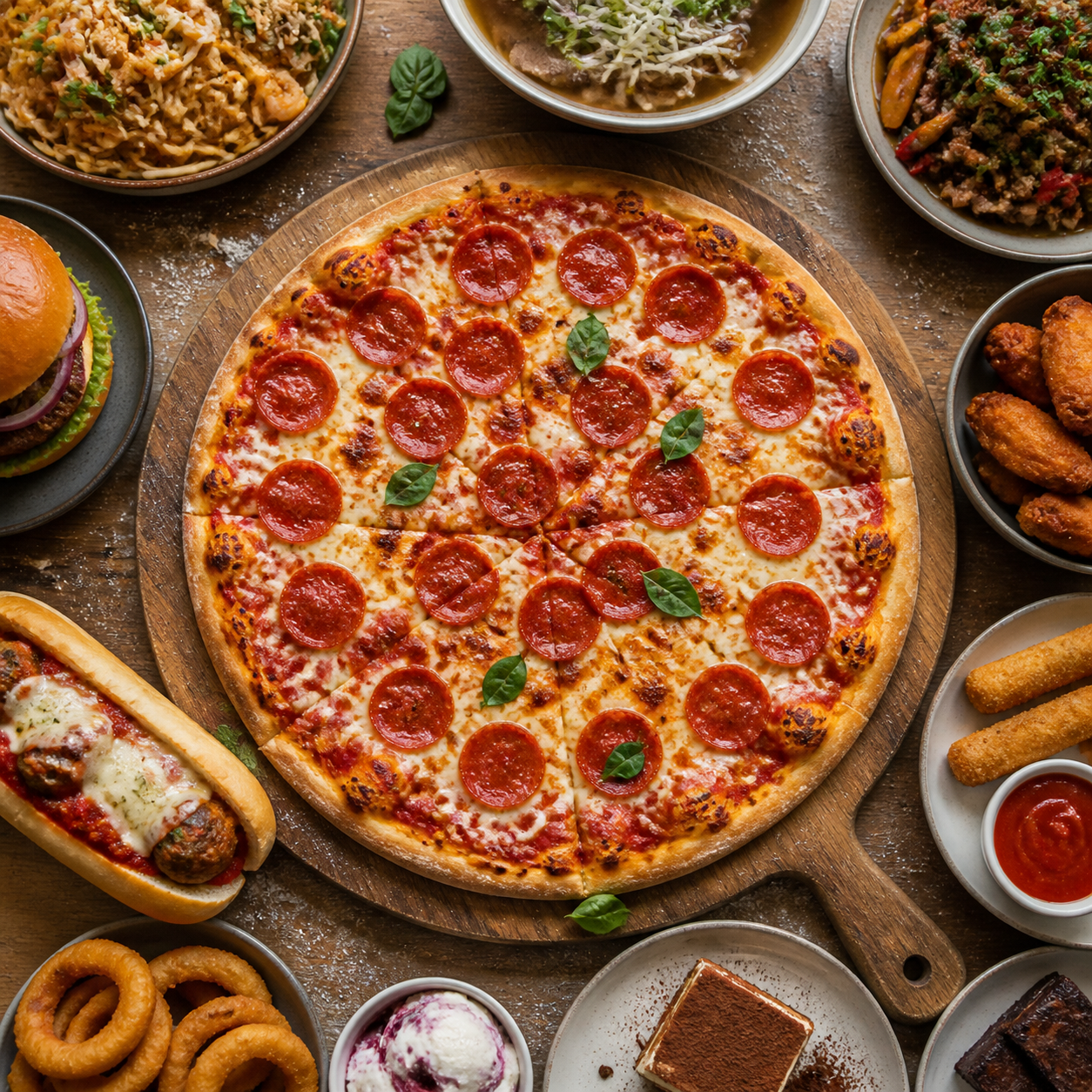 Pepperoni Special pizza on thin crispy crust with melted cheese and basil