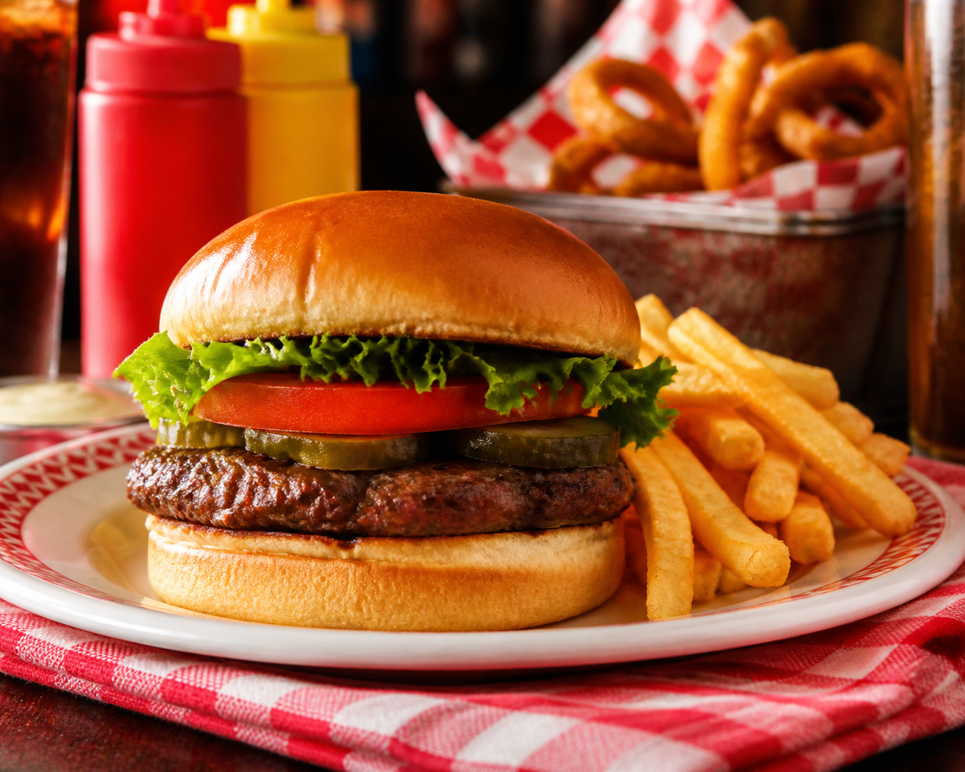 Classic Burger with beef patty, lettuce, tomato, and pickles on diner plate