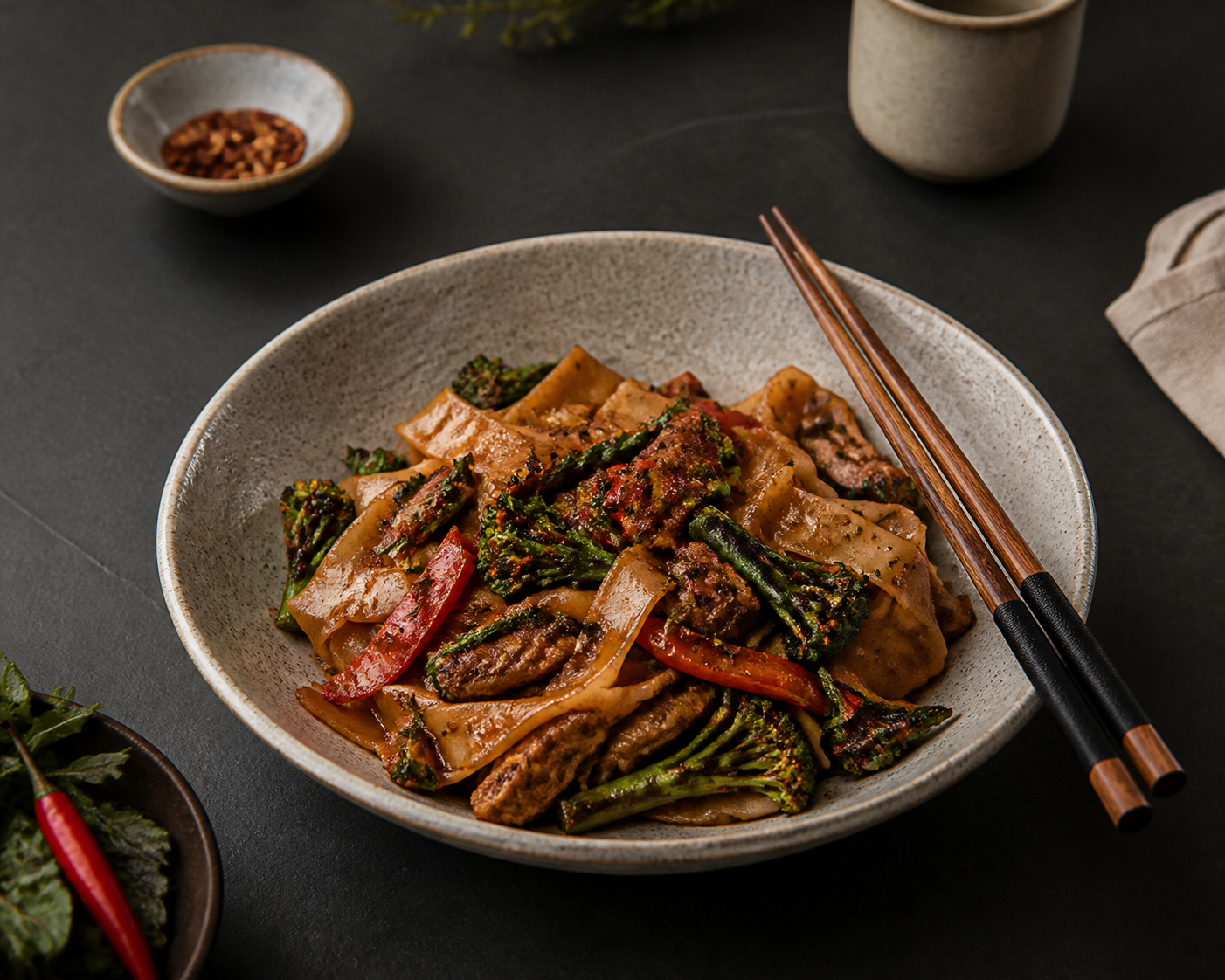 Drunken Noodles with chili basil sauce on dark slate surface with chopsticks
